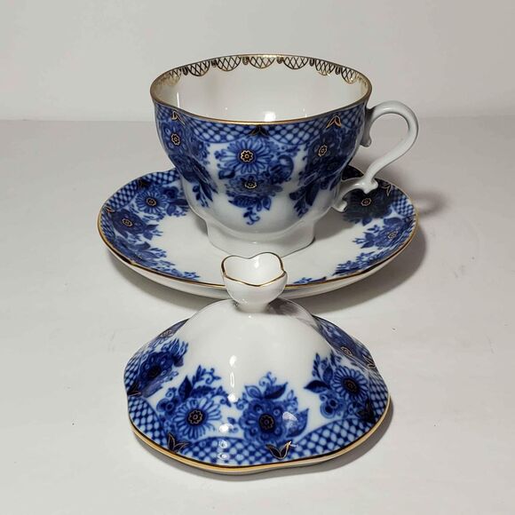 Lomonosov Teacup Saucer and Lid Blue Flowers Net Russia - Picture 4 of 9